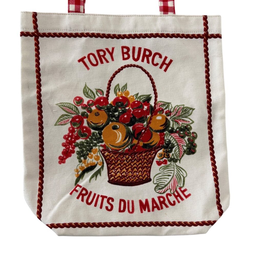 Tory Burch Red Fruits de Marche Plaid Gingham Market Tote Shopping Canvas Bag - Picture 3 of 16